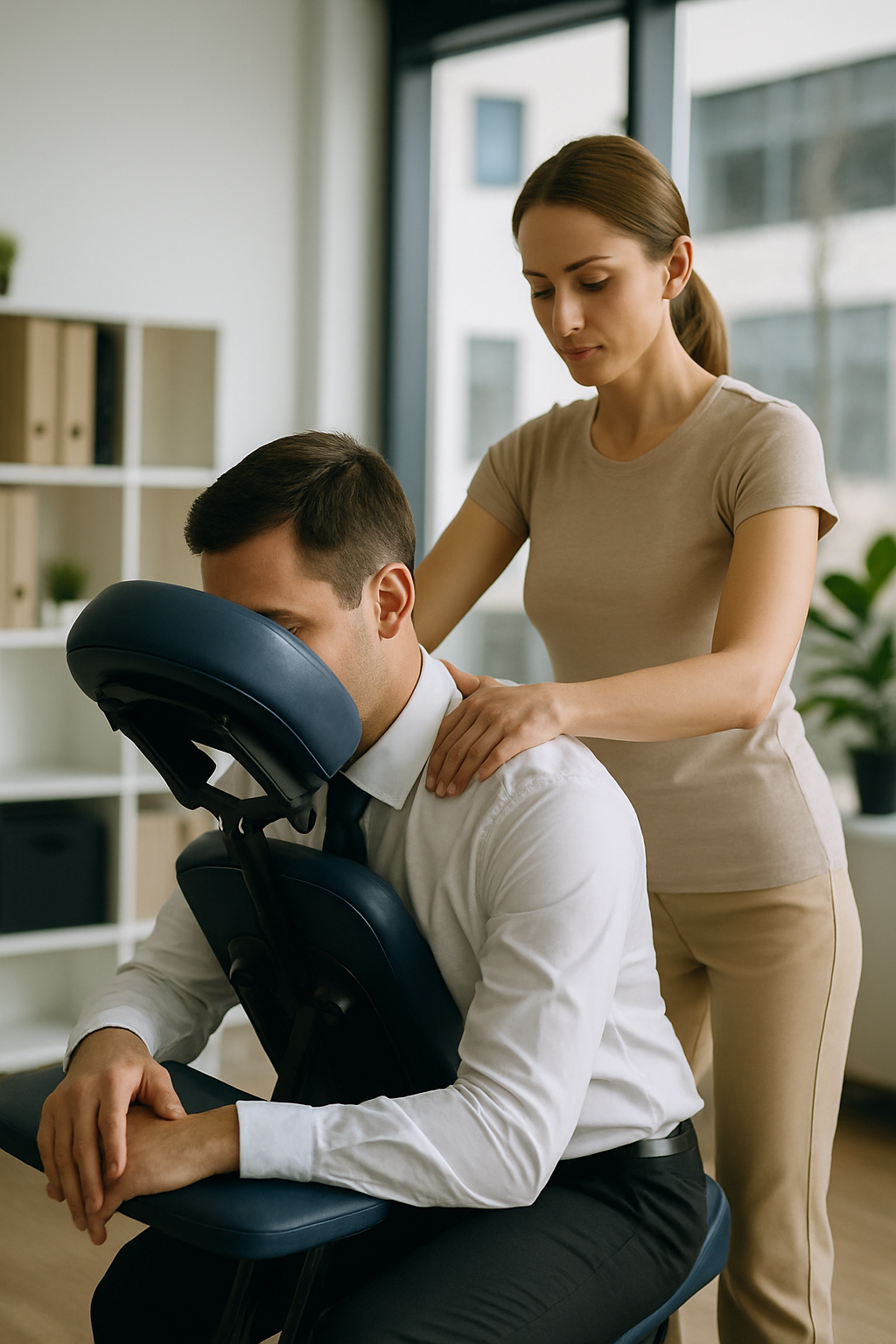 Office chair massage being performed in a corporate environment
