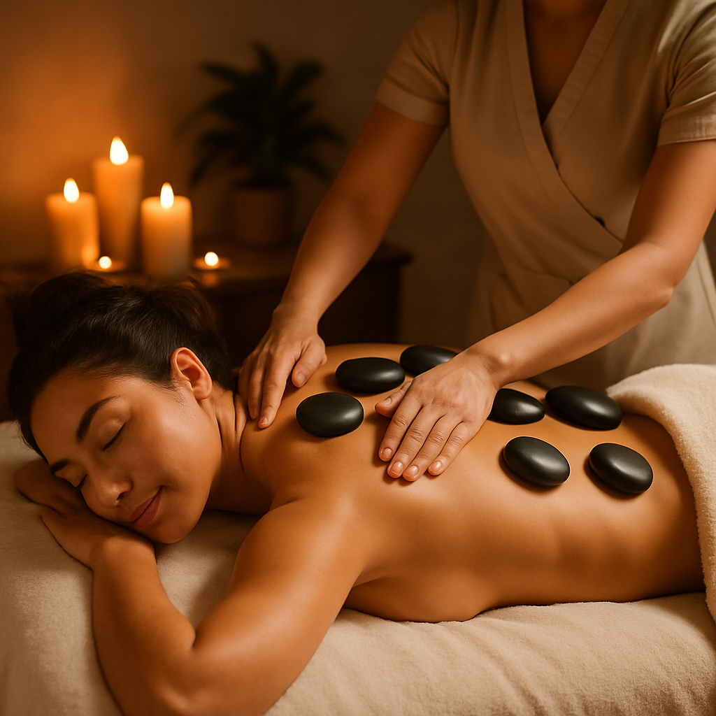 Hot stone massage therapy with smooth basalt stones placed on client's back