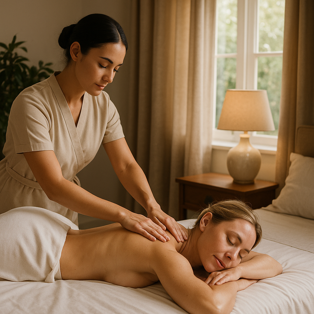 Therapist performing an outcall massage treatment in a client's home